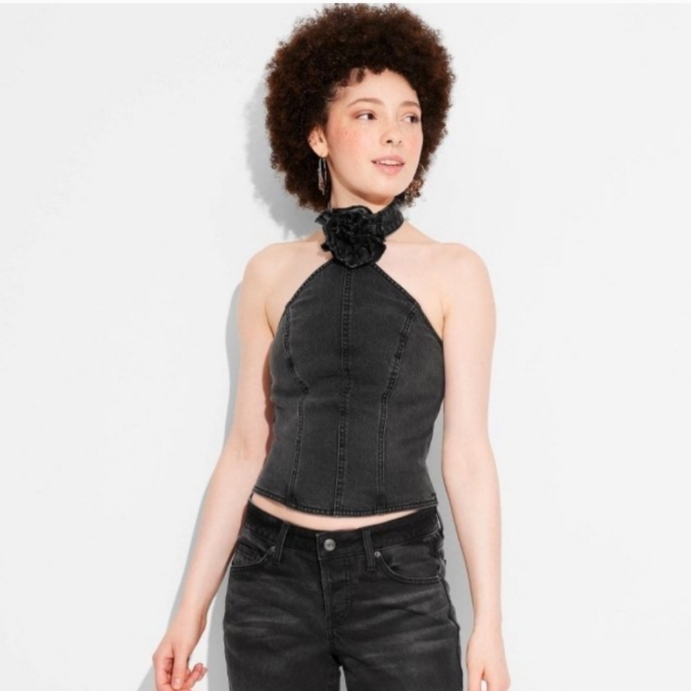 Black Halter Top with Floral Detail